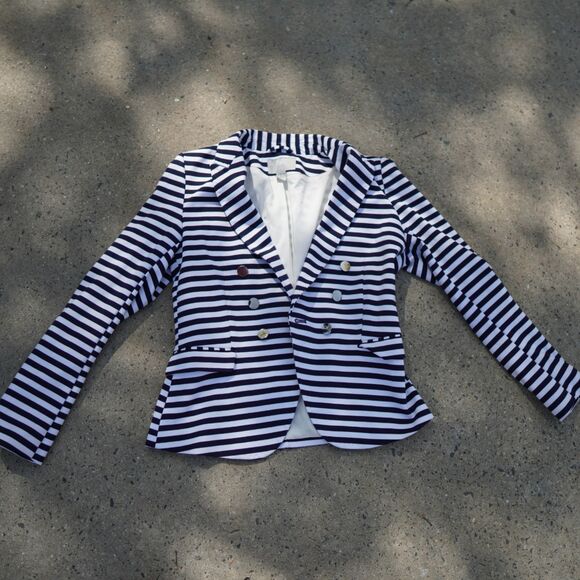 H&M Navy White Striped Blazer Gold Button Tailored Jacket Size 12 Preppy Work - Picture 3 of 15